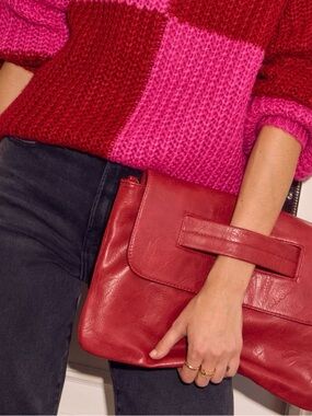 Red Leather Fold-Over Clutch Bag - Womens